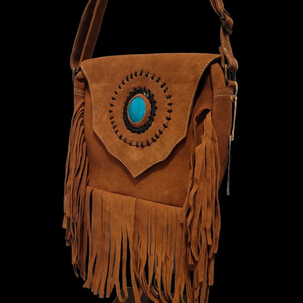 Genuine cowhide and tooled leather crossbody purse